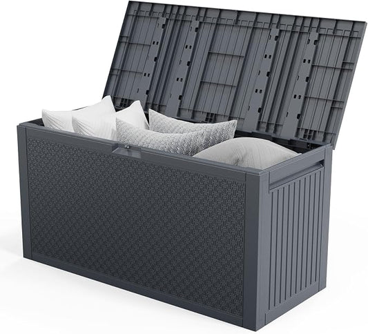 Vasitelan 90 Gallon Outdoor Storage Deck Box,Backyard Lockable Outside Waterproof Storage Box for Garden Hose Storage Bin Outdoor Tool (Gray)