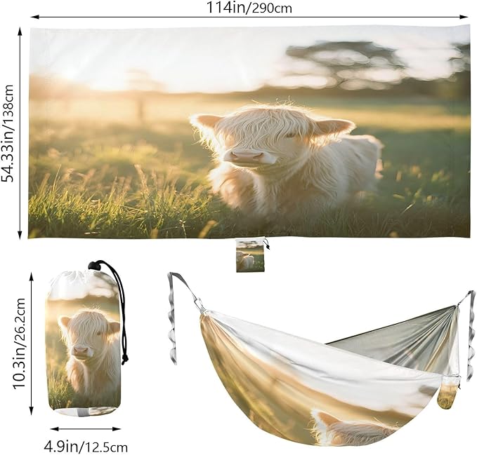 Hammocks for Outside Cute Highland Cow Camping Hammock Portable Hammocks with Tree Straps and Carry Bag Camping Accessories for Hiking Beach Outdoor