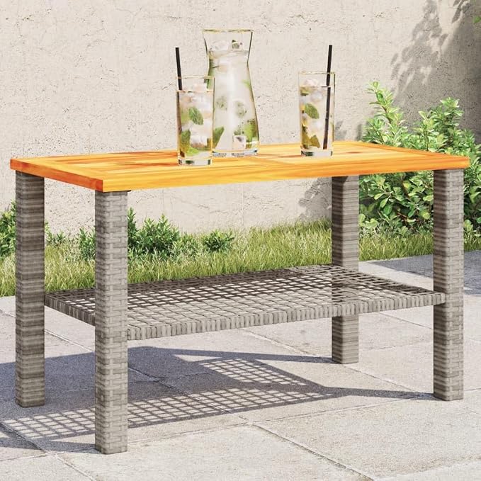 Small Garden Table with Acacia Wood Top, 27.6x15x16.5 Inch Poly Rattan Outdoor Table for Patio Backyard