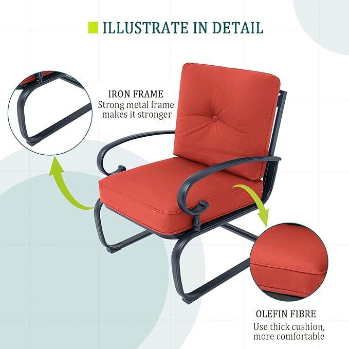 4 Pcs Outdoor Wrought Iron Furniture Patio Conversation Set with Glider Loveseat, 2 Spring Chairs, and Coffee Table (Red)