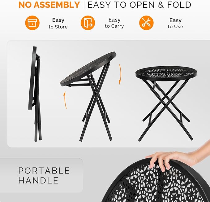 Folding Outdoor Side Tables, Small Patio Table Round Metal End Table with Flower Cutouts for Porch Yard Balcony Deck Lawn, Black