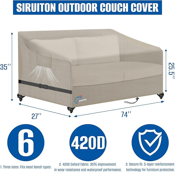 SIRUITON 4-Seat Garden Patio Sofa/Loveseat/Bench Cover 73" W x 27" D x 35" H,Heavy Duty 420D Oxford Waterproof Outdoor Sofa Cover, Lawn Patio Furniture Covers
