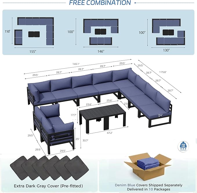 NICESOUL 12 Piece Extra Large Modern Aluminum Patio Furniture Set, Modular Outdoor Conversation Set with Coffee Table, 500 lbs Heavy Duty Comfortable Sectional Sofa for Poolside Exterior, Denim Blue