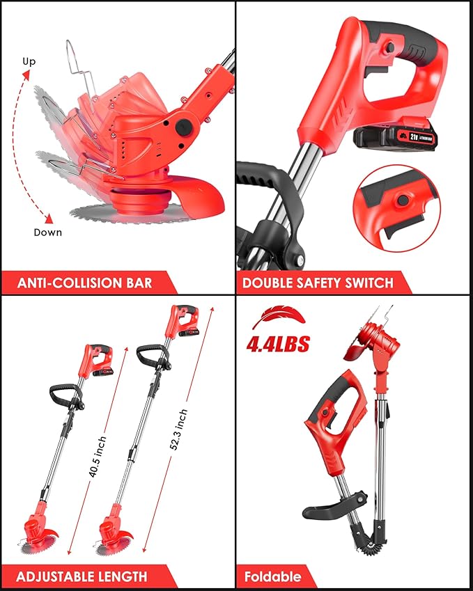 21V Cordless Weed Wacker Battery Operated, 2 X 2.0Ah Electric Weed Eater Battery Powered, Foldable 3-in-1 Weed Trimmer/Brush Cutter/Lawn Mower with 8 Blades (Stringless) & Removable Wheels