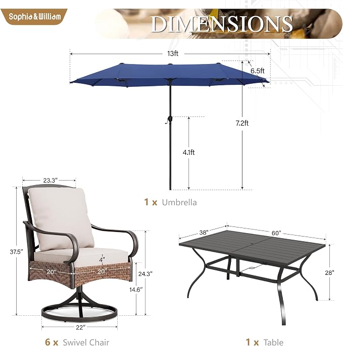 Sophia & William Patio Table and Chairs Set with Umbrella 8 Piece Outdoor Dining Set for 6 with 13ft Double-Sided Patio Navy Umbrella, 6 x Swivel Patio Chairs, 1 Metal Table for Lawn Garden