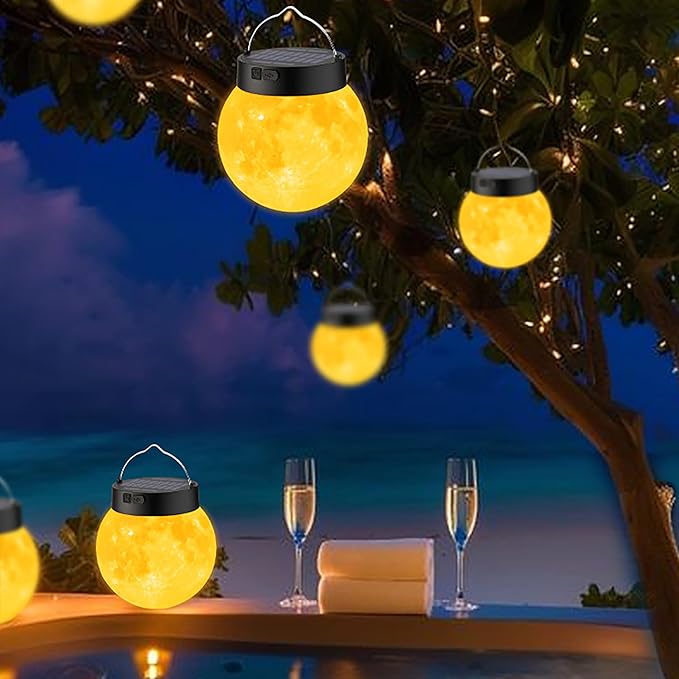 Solar Powered Garden Moon Lights, 2 Pack 3D Moon Surface Printing Globe Light with Warm White LED Lights,Waterproof Outdoor for Lawn,Patio,Yard,Camping,Christmas Lights Decor