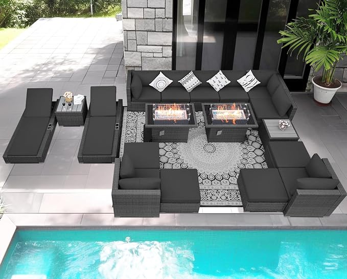 NICESOUL 18 Piece Extra Large Luxury Patio Furniture Set with Firepit, Outdoor Sectional with Chaise Lounge, Comfy 29.3" High Back Couch Deep Seat, All-Weather Wicker Conversation Set, Dark Gray