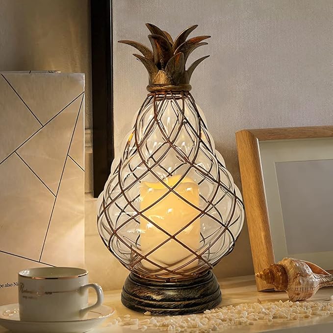 MOZEAL 13" Outdoor Glass Pineapple Lantern,Ip44 Waterproof,6 Hours Timer,Decorative Candle Lantern,with Flameless Candles,Battery Operated,for Front Porch/Patio/Beach/Garden/Pineapple Theme Decor