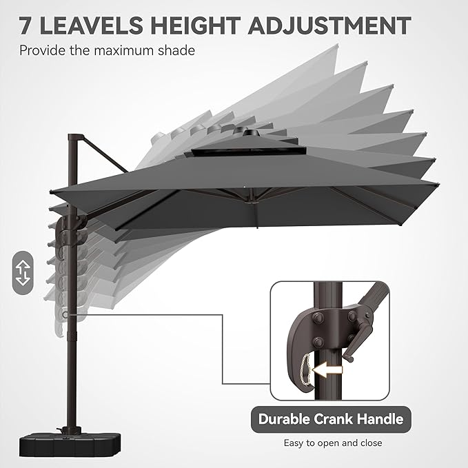 GENTEACO 9x12FT Cantilever Patio Umbrella with Base Included, Double Top Rectangle Offset Umbrella 7 Angle Tilts & 360° Rotation, Large Heavy Duty Outdoor Sun Umbrella for Pool Market, Grey