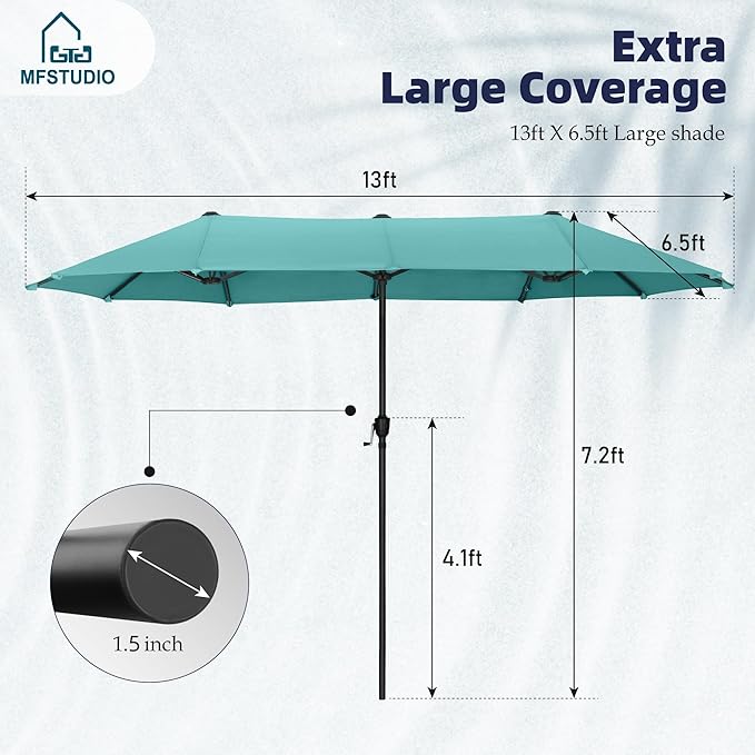 MFSTUDIO 13ft Outdoor Patio Umbrella, Double Sided Large Rectangular Umbrella Market Table Twin Triple Rectangle Umbrellas with Crank Handle for Outside Picnic Backyard Deck Pool (no base)