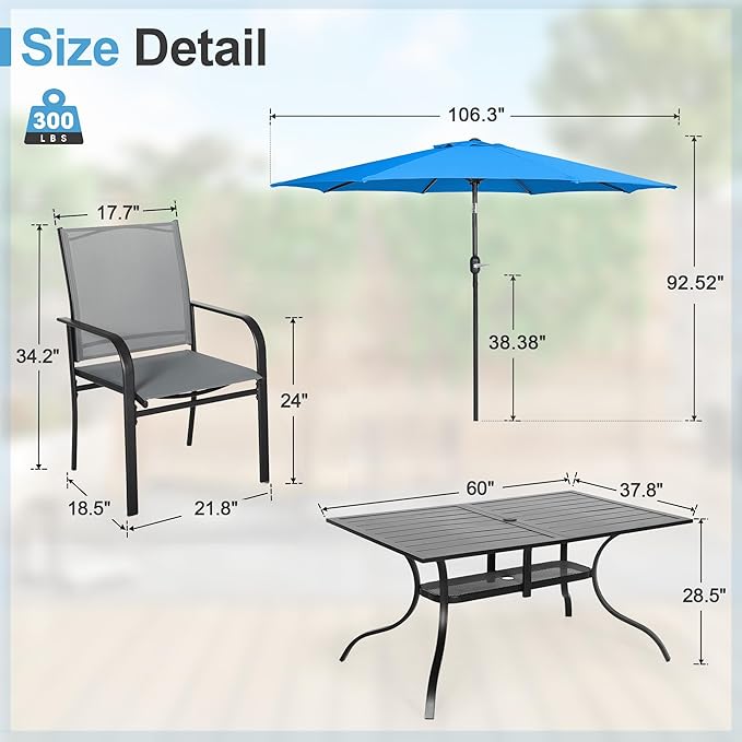 Crownland 7 Piece Patio Dining Set, Textilene Dining Sets, 6 Textilene Metal Chairs and Rectangular Outdoor Dining Table with Sky Blue 9FT Round Outdoor Umbrella (Grey)