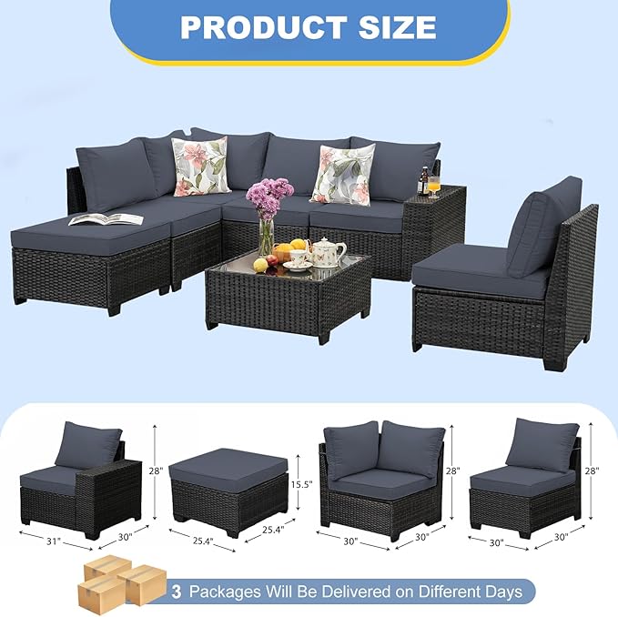7 Pieces Patio Furniture Set, Wicker Outdoor Conversation Sets with Tea Table, Rattan Patio Sofa with Thick Cushions for Garden, Backyard Porch, Poolside, Patry, Gray