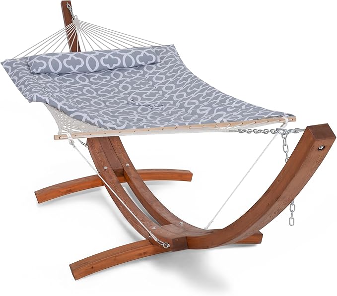 SUNCREAT Hammocks Double Rope Hammock with Wooden Stand Included, Outdoor Hammocks with Polyester Pad for Outside, 475 lbs Capacity, Gray