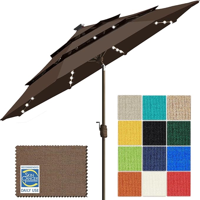 EliteShade USA 10-Year-Non-Fading 9ft 3-Tier Market Patio Umbrella, Commercial Table Umbrella with 80 Solar LED Lights, Crank Open, Windproof & UPF 50+ UV Protection for Garden, Deck, Pool, Backyard, Chestnut