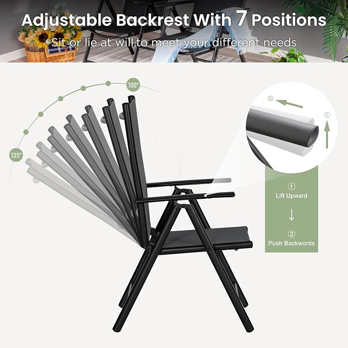 PHI VILLA Patio Dining Furniture Set with Umbrella, Outdoor Dining Set for 6, Black Foldable Chairs with Adjustable Backrest & Metal Table for Garden Deck (Navy Blue Umbrella Without Base)