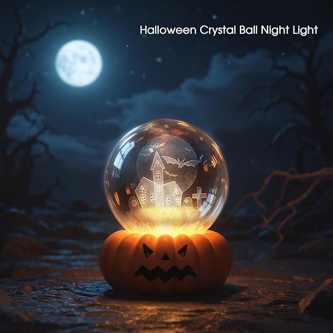 L LOHAS LED 3D Crystal Ball Night Light-Laser Engraved Haunted House Bat with Pumpkin Base,Cute & Funny Halloween Night Light for Kids, 3000K Warm White for Halloween Party Decor