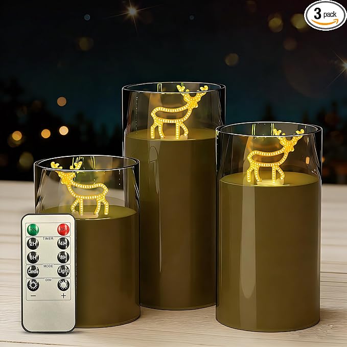 L LOHAS LED Electronic Candle Night Lights with Remote, 3-Pack Reindeer LED Flameless Candles, Battery Operated Flickering Night Light, 5 Brightness Levels & Timer, for Holiday Home Decor