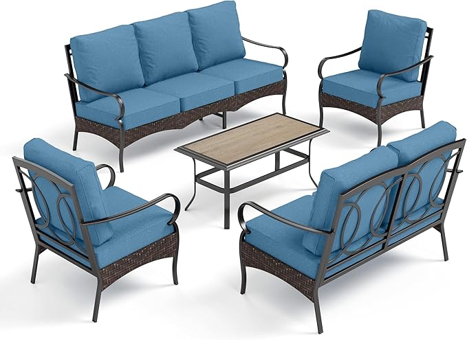 PHI VILLA Outdoor Modern Patio Furniture Set, Upgraded Wicker & Metal Patio Conversation Set with Waterproof Thick Cushions for Porch, Poolside, Yard(5 Pieces,Navy)