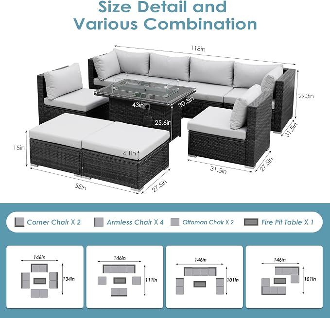 BULEXYARD 9 Pcs Highback Patio Furniture Set with Firepit, High-End Outdoor Sectional Couch with Ottoman 8-Seats, Cozy Comfy Wide Deep Deck Seating Group Conversation, Grey Rattan & Light Gray Cushion