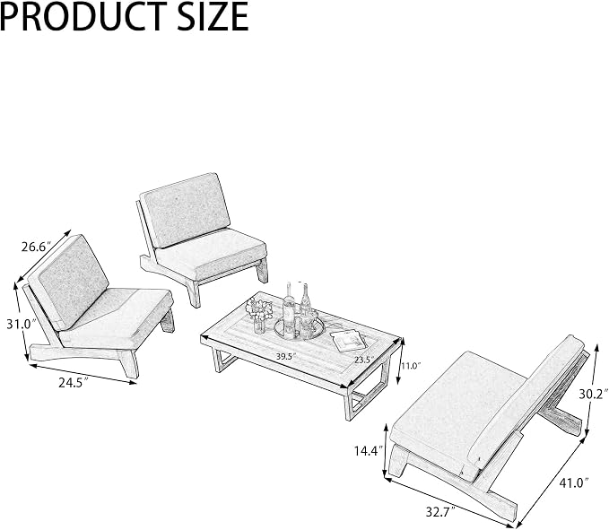 4 Piece Teak Outdoor Patio Frutnire Set, 4 Seater Patio Conversation Sets with Thick Cushions, Outdoor Sectional Furniture with Coffee Table - Gray
