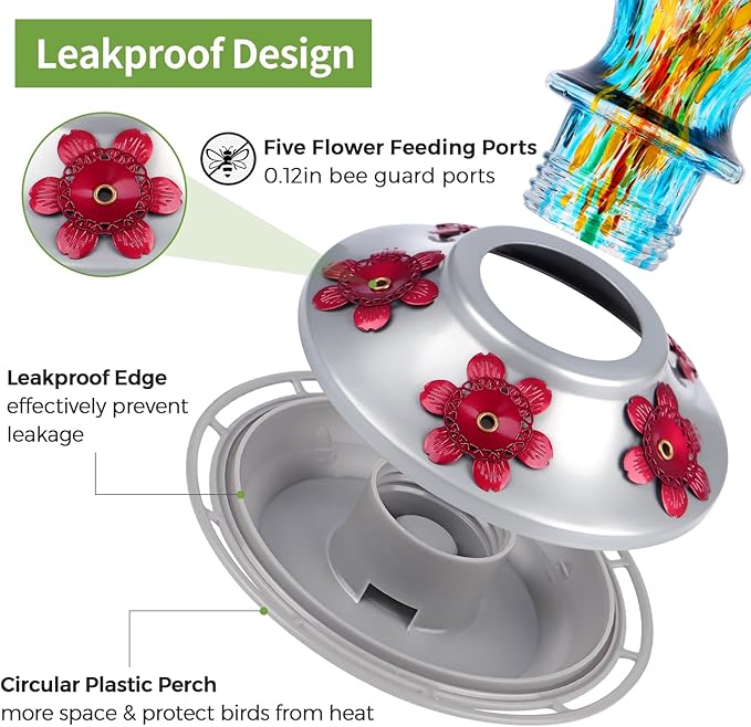 Hummingbird Feeder, BOLITE Glass Hummingbird Feeders for Outdoors Hanging, Hand Blown Twisted with Ant Moat, 5 Bee-Proof Ports, 360° Perch, Leak-Proof, 24oz, Blue, Gifts for Mom Dad Women Men