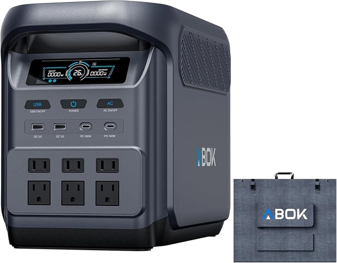 ABOK Elux1 1024Wh Portable Power Station with Asp400 400W Solar Panel, LiFePO4 Battery, 1800W AC Output, PD140W/100W, UPS, Solar Generator Max 1000W Solar Input, Expandable to 5120Wh, 12 Output Ports