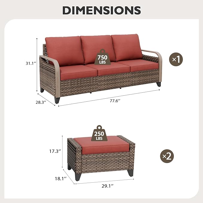 EAGLE PEAK Modern Wicker Outdoor Patio Furniture Set, Patio Conversation Set, a 3-Seat Loveseat and 2 Ottomans, 3 Pieces, Brown/Red