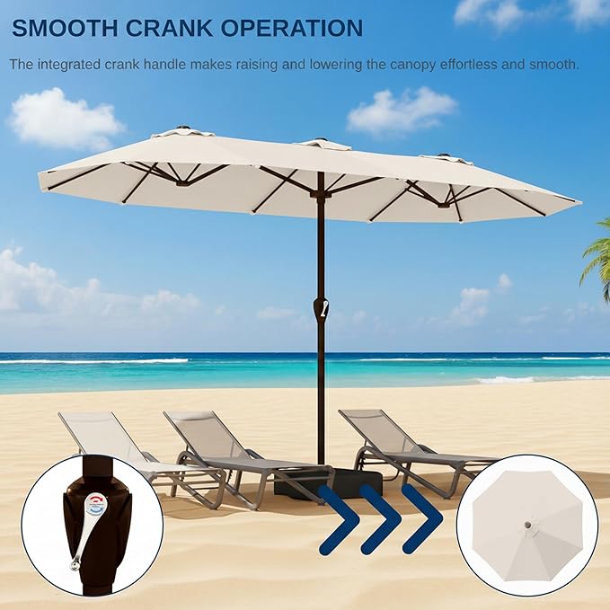 15FT Large Patio Umbrella with Base, Double Sided Rectangular Outdoor Umbrella with Sturdy Fiberglass Ribs, UPF 50+ Sun Protection, Wind-Resistant, Waterproof Fade-Resistant Fabric for Pool, Garden, Backyard, Deck(Creamy-white)