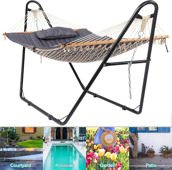 Hammock with Stand, Heavy Duty Double-Barrel Hammock with Soft Pillow, Freestanding Outdoor Hammocks Bed for Outside Backyard, Camping, Garden, Yard, Patio, 550 lbs Weight Capacity (Gray)