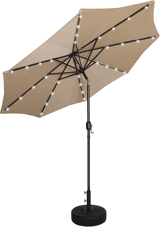 WO Home Furniture 9 Ft Patio Solar Power LED Lights Market Umbrella with Black Color Round Free Standing Weight Base kit, Beige