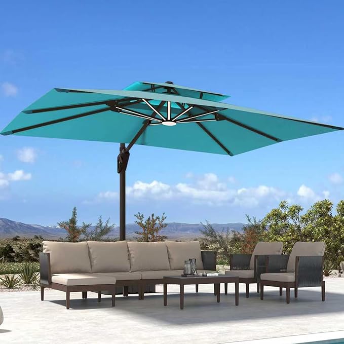 Deconk 10' X 13' Patio Umbrella with LED Lights Outdoor Cantilever Large Rectangle Offset Umbrellas Heavy Duty Aluminum Double Top with 360-degree Rotation for Pool Garden Deck, Turquoise