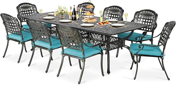 9-Piece Patio Cast Aluminum Dining Set, Outdoor Table and Chairs Set for 8, Includes 94.5" Rectangular Dining Table and 8 Cushioned Chairs with Umbrella Hole for Lawn Garden, Ocean Blue