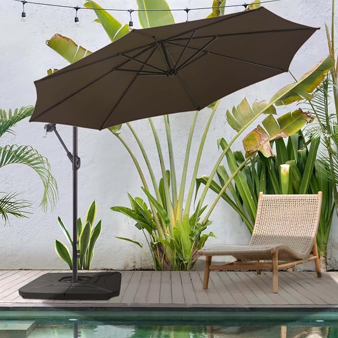 BLUU 10 FT Patio Offset Umbrella Outdoor Cantilever Umbrella Hanging Umbrellas, Fade Resistant Crank & Cross Base (Brown, 10 FT)