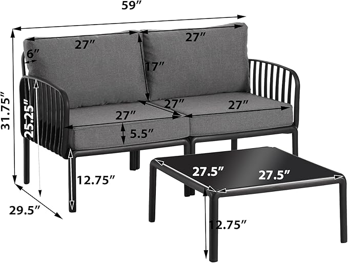 Christopher Knight Home Landon 4 Pieces Patio Conversation Set, Loveseat and Coffee Table Set, Accent Chairs, Club Chair with Cushion, Sofa Chair with Table Set for Balcony Garden, Black+Dark Gray