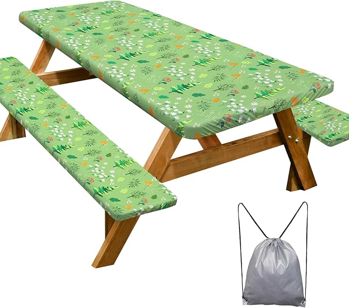 Picnic Table Cover with Bench Covers Camping Essentials Waterproof Windproof Camping Tablecloth with Drawstring Bag, Fitted Rectangle Tables and Seats, 96in, Grass Green