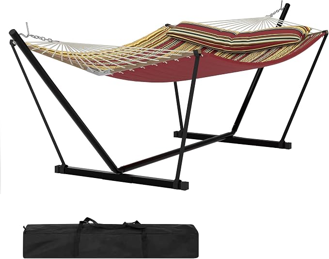 2 Person Outdoor Hammock with Stand, 450 LBS Heavy Duty Anti-Tipping Frame with Balance Rope, Rainproof & Quick Dry for Patio, Backyard, Balcony & Outdoor Garden Use, Burgundy Brown Stripes