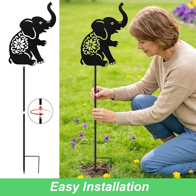 VOOKRY Solar Watering Can Lights Outdoor with Elephant Silhouette Stake, Garden Gifts for Mom, Women & Garden Lovers Waterproof Metal Garden Lantern, Decorative Yard Patio Lawn Pathway Decor(1 Pack)
