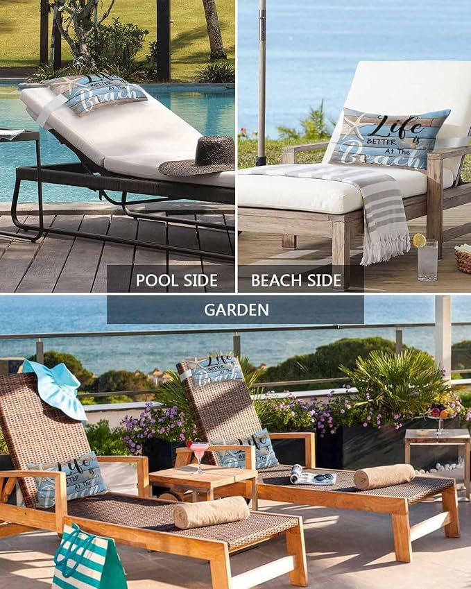 Beach Life with Starfish Outdoor Head Pillows for Recliner Lounge Chair,Pack of 1 Waterproof Throw Pillow Cushion Cases with Insert&Elastic Strap,Vintage Wooden Plank Neck Pillow for Patio Beach