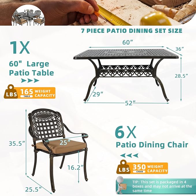 MEETWARM 7-Piece Outdoor Furniture Dining Set, All Weather Cast Aluminum Patio Garden Set with 6 Chairs, 6 Cushions, 1 Rectangular Table, 2" Umbrella Hole, Dark Bronze