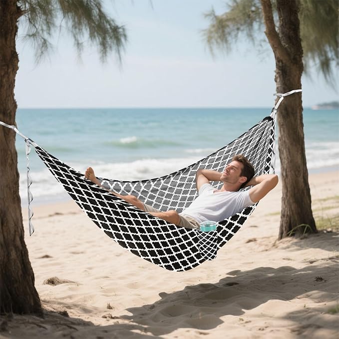 Camping Hammock Outdoor Hammocks for Outside Black Trellis Geometric Lattice Beach Trees Portable Lightweight with Pockets Tree Straps Indoor