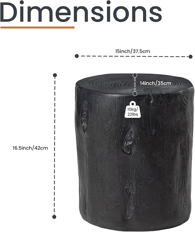HOMPUS Concrete Outdoor Side Table, Tree Stump Modern Round Accent Table, Planter Stand Faux Wood End Garden Stool for Patio, Home Decor, Living Room, Black