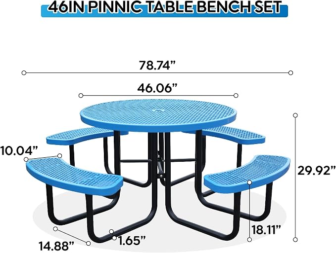 46" Round Picnic Tables for Outdoors,Commercial Metal Picnic Table Bench Set W/ Umbrella Hole,Restaurant School Canteen Tables W/Seats - Heavy Duty Sturdy Picnic Tables for Patio Garden Coffee Shop
