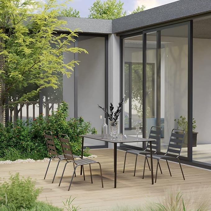 5 Piece Patio Dining Set Steel Dark Gray Outdoor Table and Chairs with Slatted Design, Weather Resistant Stackable Seating for Garden Dining Room Backyard, Durable Steel Powder Coated Furniture Set
