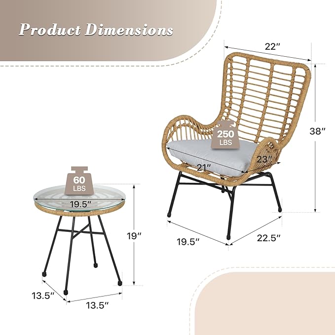 Athena Collection Patio Bistro Sets, 3 Piece All Weather Furniture Set Outdoor Conversation Set Glass Table and Rattan Chairs Set with Soft Cushions for Garden, Poolside, Backyard, Gray
