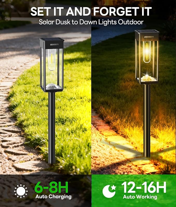 COXSENI Solar Pathway Lights Outdoor IP65 Waterproof, 6 Pack 3000K LED Auto On/Off Walkway Landscape Light for Yard Lawn Garden Patio Driveway Outside Decor, Warm White