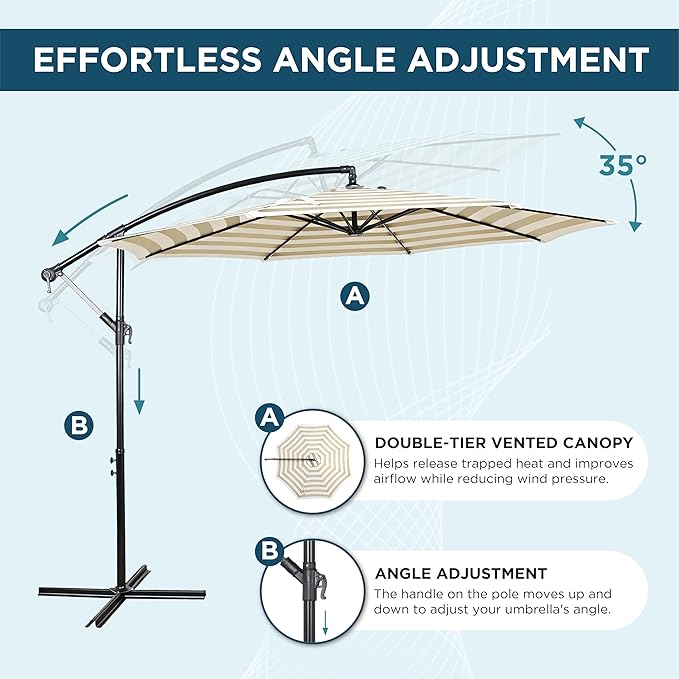10FT Offset Patio Umbrella, Cantilever Hanging Umbrella with Infinite Tilt, Fade-Resistant Water-Repellent Canopy & Cross Base for Yard, Garden & Deck