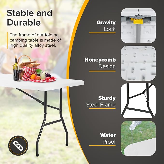 Dopinmin Folding Table 6FT Portable Heavy Duty Plastic Camping Table Foldable Tables Plastic Dining Tables Indoor Outdoor for Camping, Picnic and Party, White
