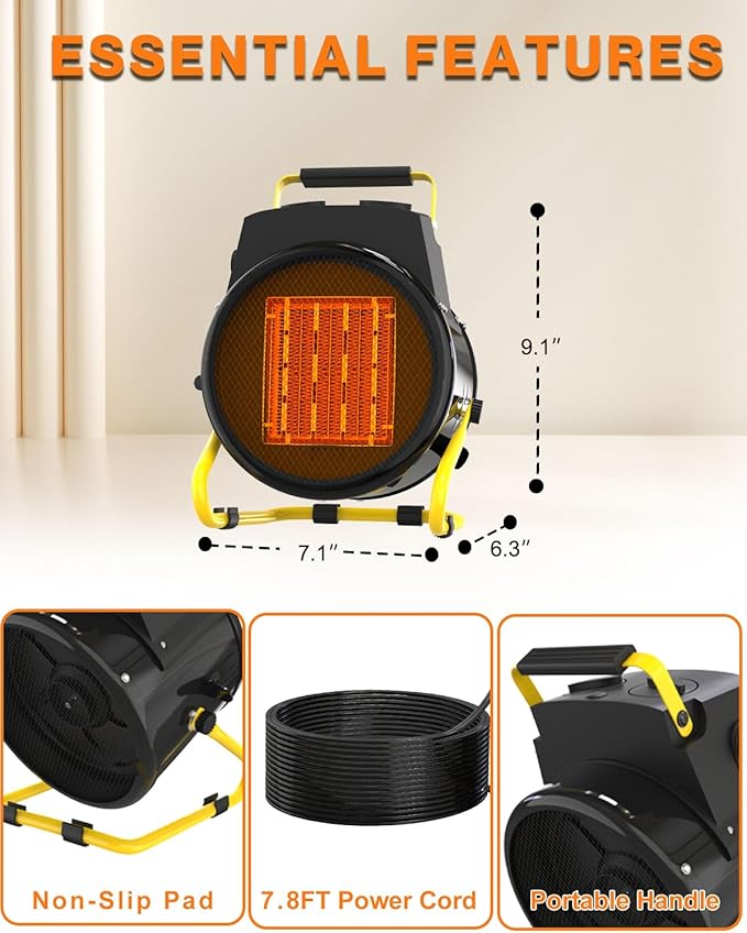 Buyplus Outdoor Heaters for Patio, 1500W Portable Garage Heater with Overheat Protection & 3S Fast Heating, Non-Slip Cushion, Electric Space Heater for Patio, Garage, Bedroom, Office, Black