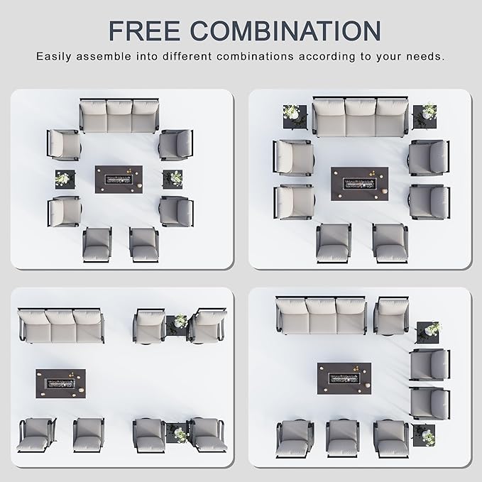 10 Pieces Patio Furniture Set, Metal Outdoor Conversation Sets with Fire Pit Table and Swivel Chairs for Backyard Garden Deck Porch Poolside (Thick Beige Cushions)
