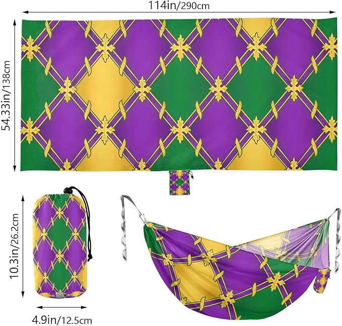 Mardi Gras Purple Green 330lb Capacity Camping Hammock with Portabl Carry Bag Backyard Hammock for Camping & Hiking Essential hamaca de Algodon para Jardin